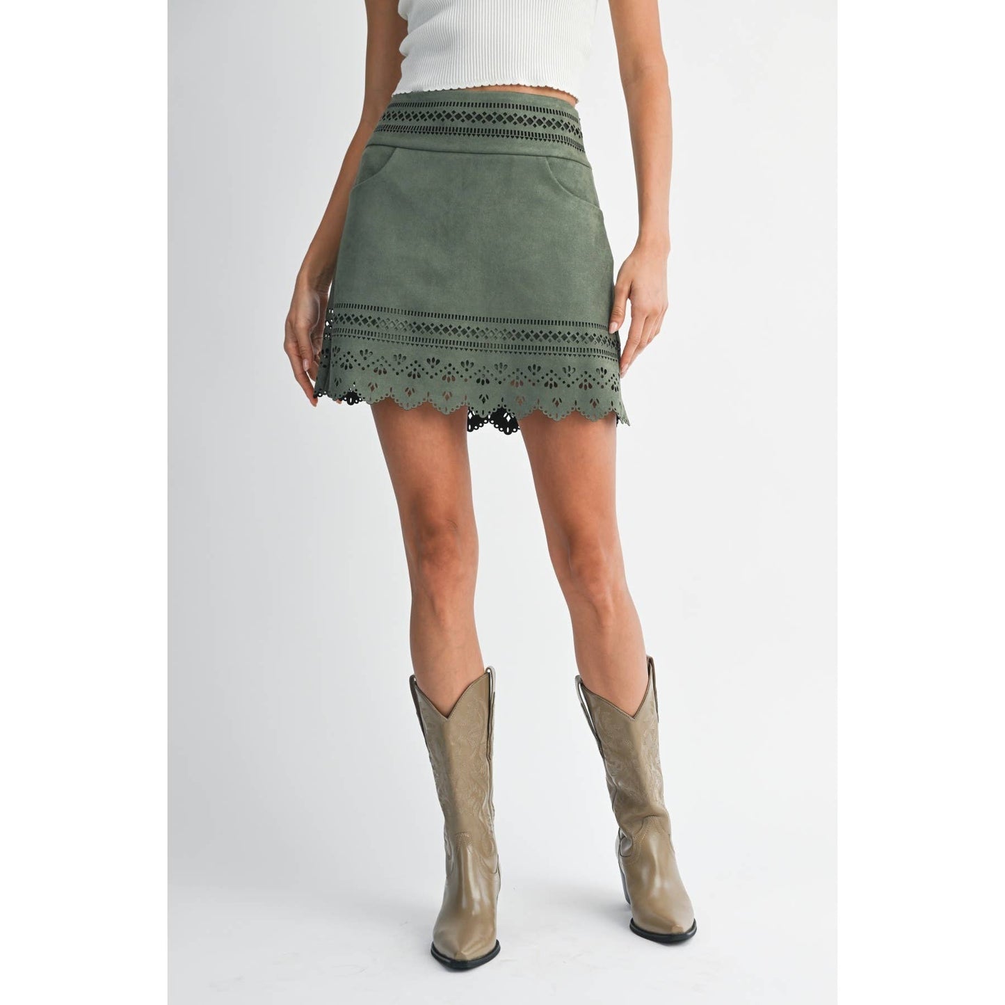 OLIVE GREEN LASER CUT A-LINE SKIRT