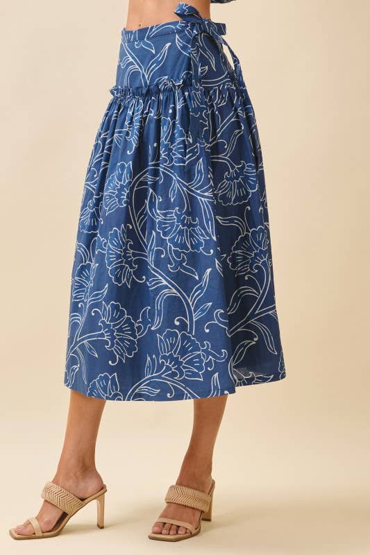 Floral Print A Line Side Tie Wrap Midi Skirt