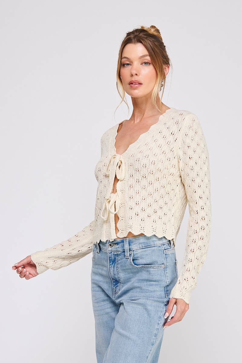 Pointelle tie cardigan with scallop edge