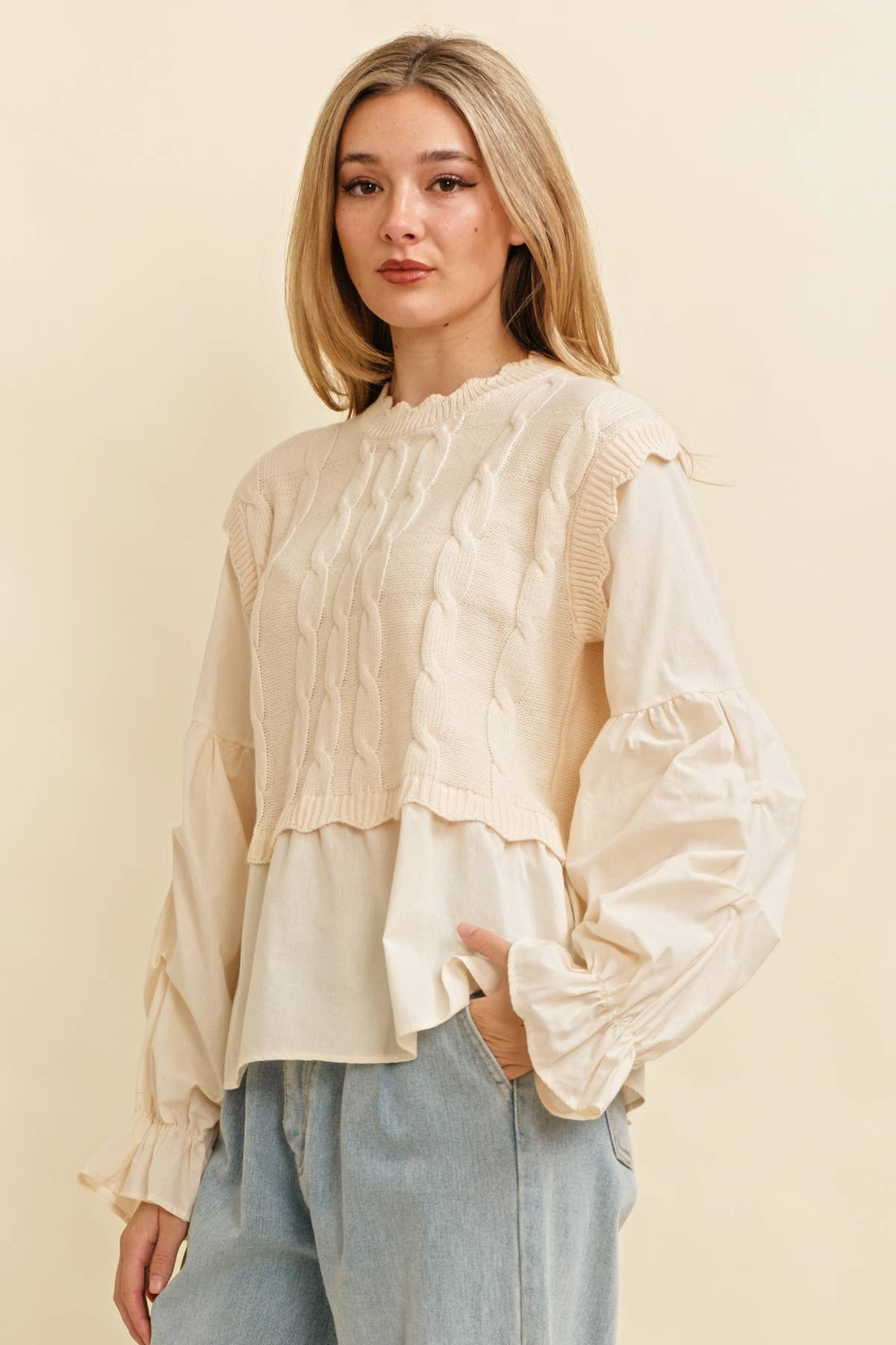 CSW13555 - CABLE KNIT LAYERED TOP