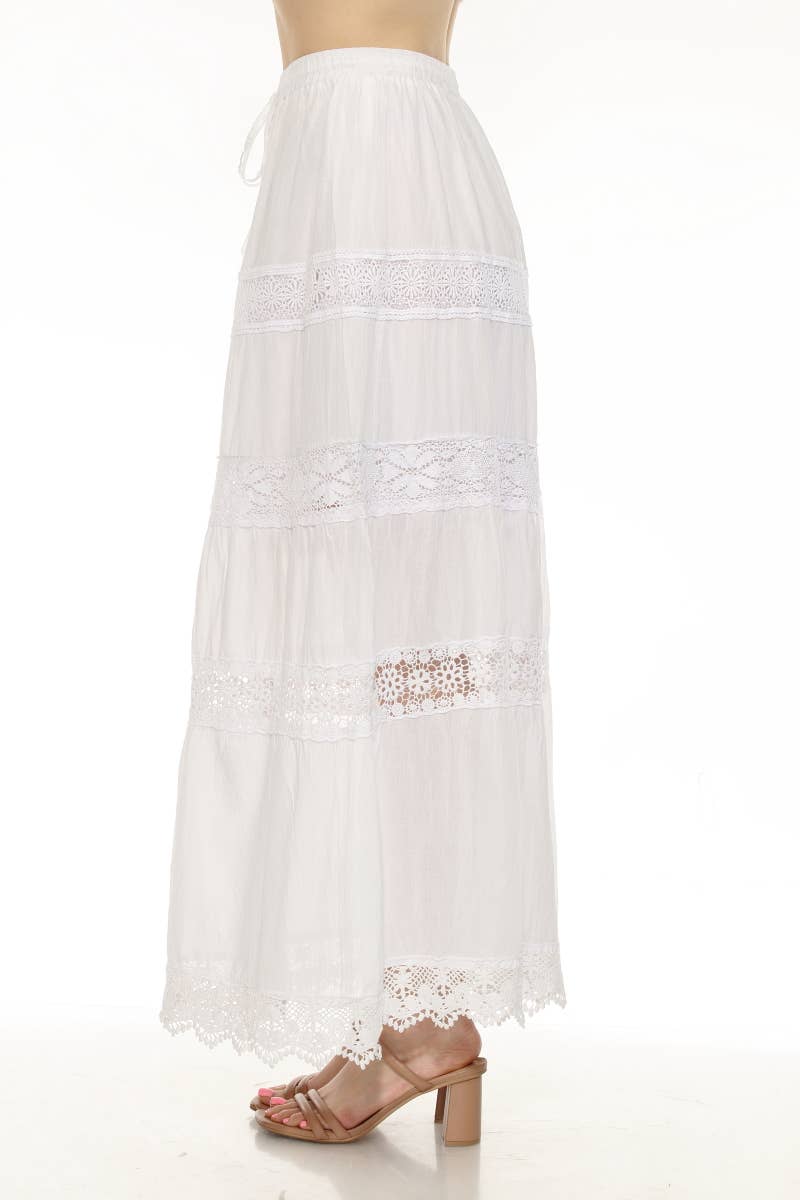 Women's 100% Cotton White Skirt Embroidery and Lace Detailed