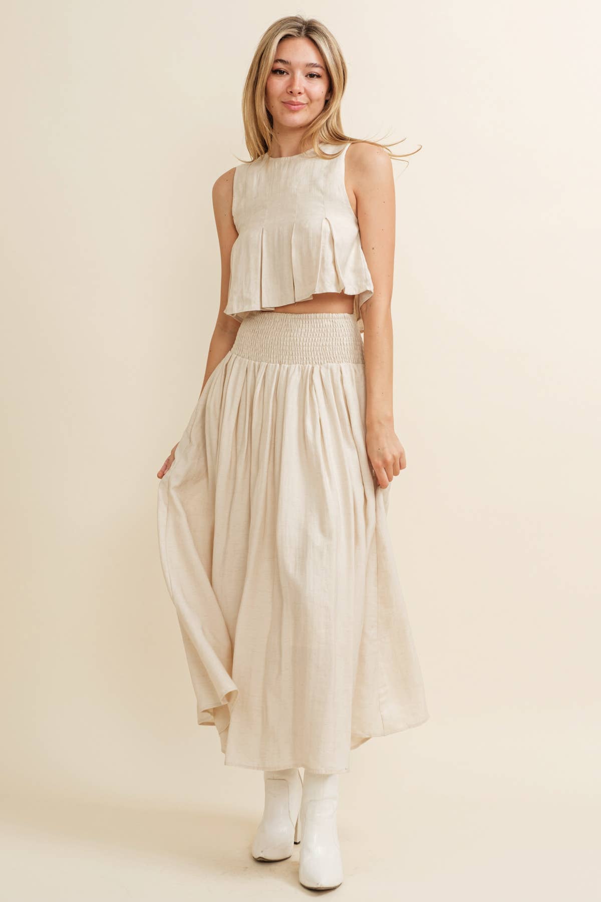 SMOCKED MIDI SKIRT