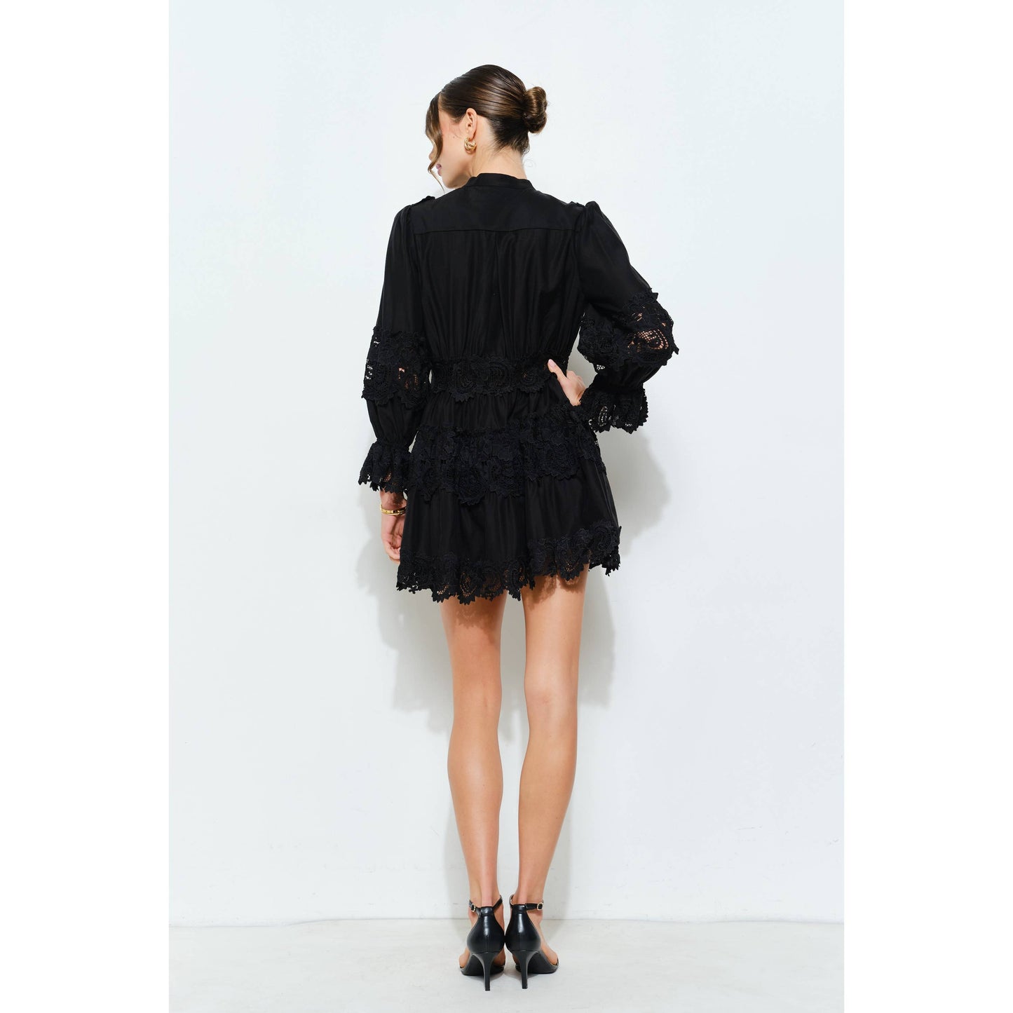 Delicate Lace-Panel Button-Up Flare Mini Dress