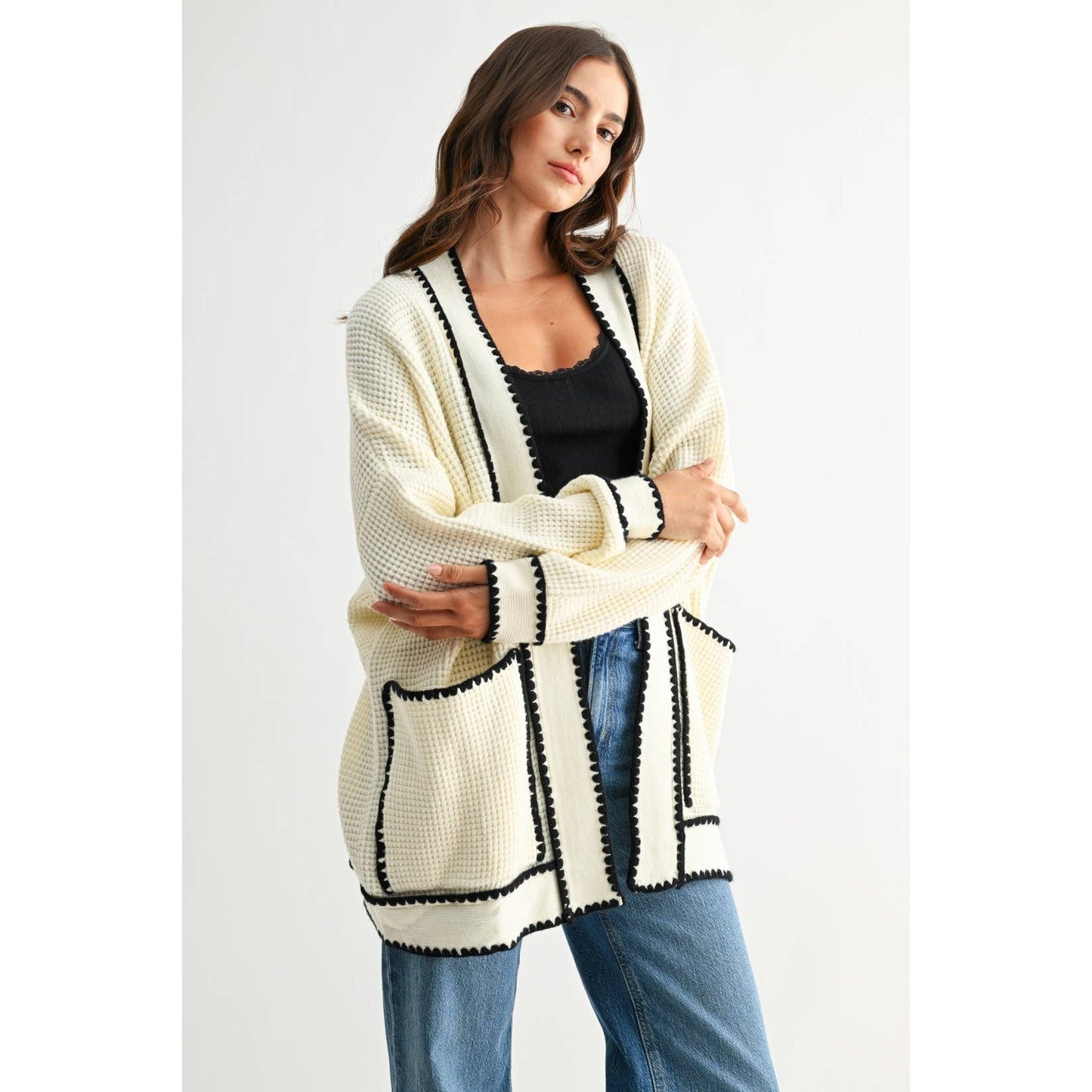 WAFFLE-KNIT CARDIGAN WITH CONTRASTING TRIM