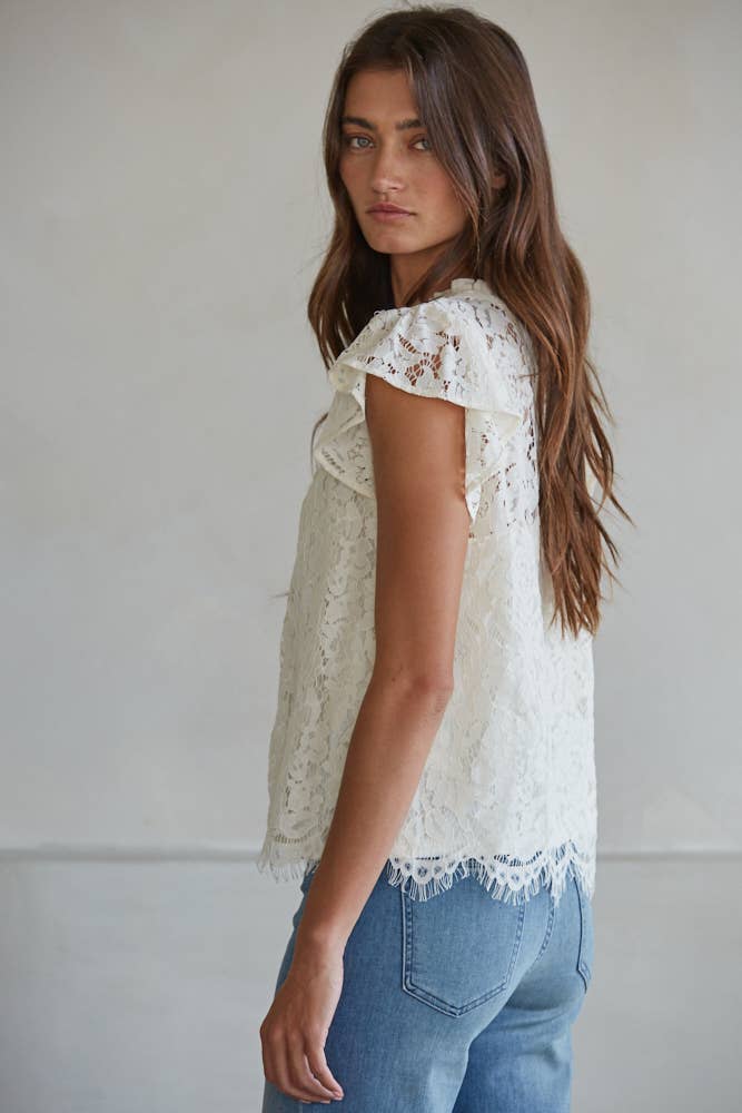 Woven Cotton Nylon Lace Button Down Short Sleeve Top