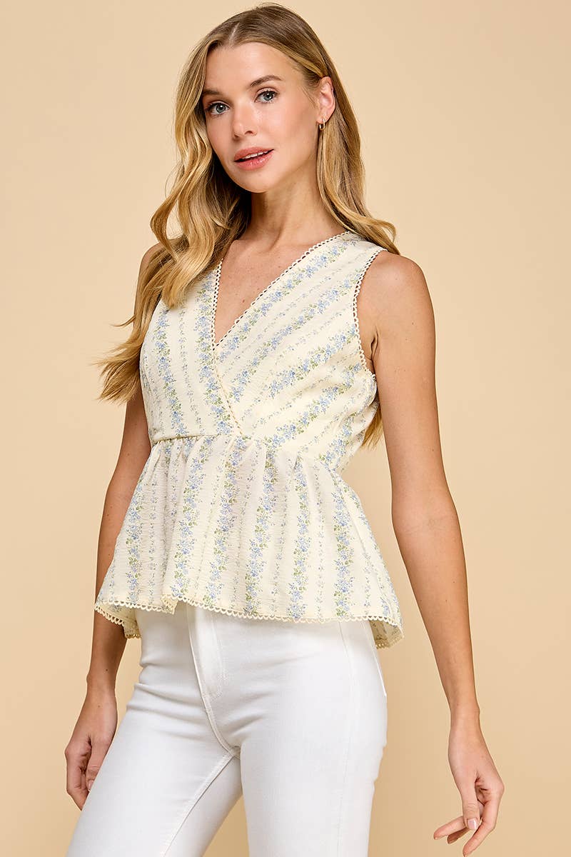 Floral Striped V Neck Peplum Style Top