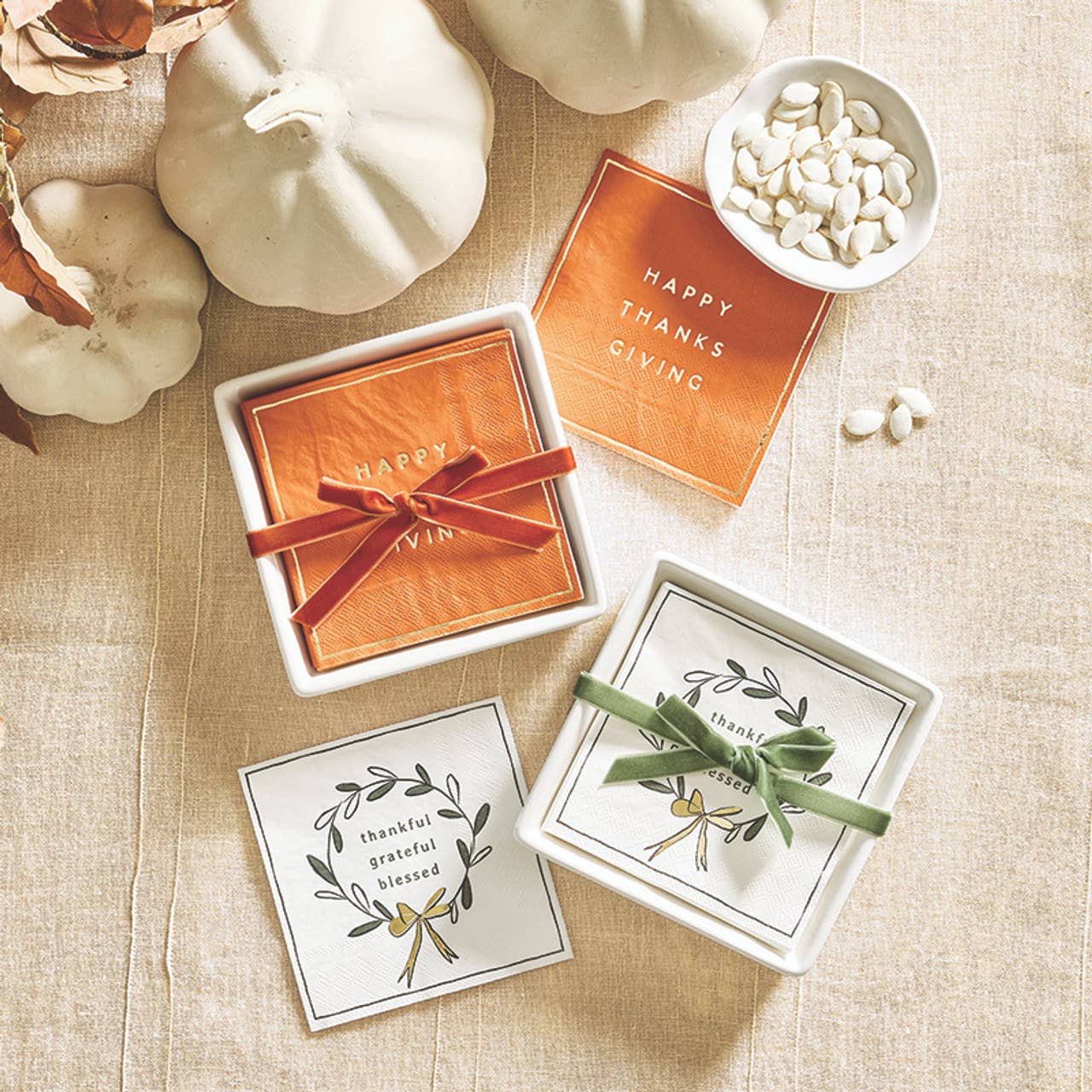 Ceramic Napkin Tray + Napkins - Thankful, Grateful, Blessed