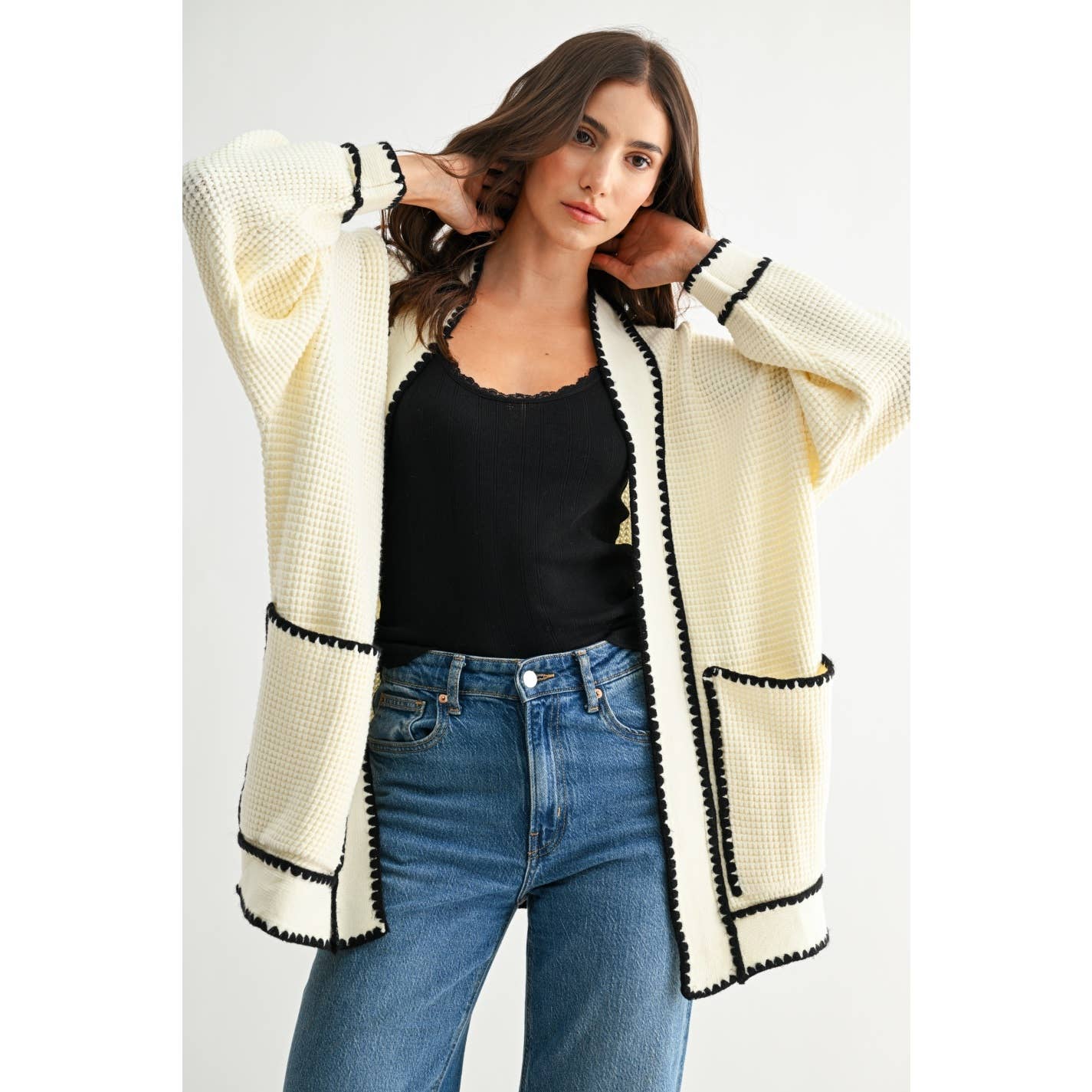 WAFFLE-KNIT CARDIGAN WITH CONTRASTING TRIM