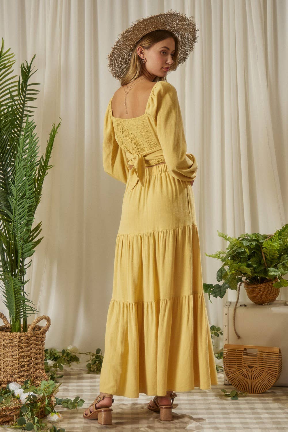 LINEN SMOCKING BACK TIE TOP