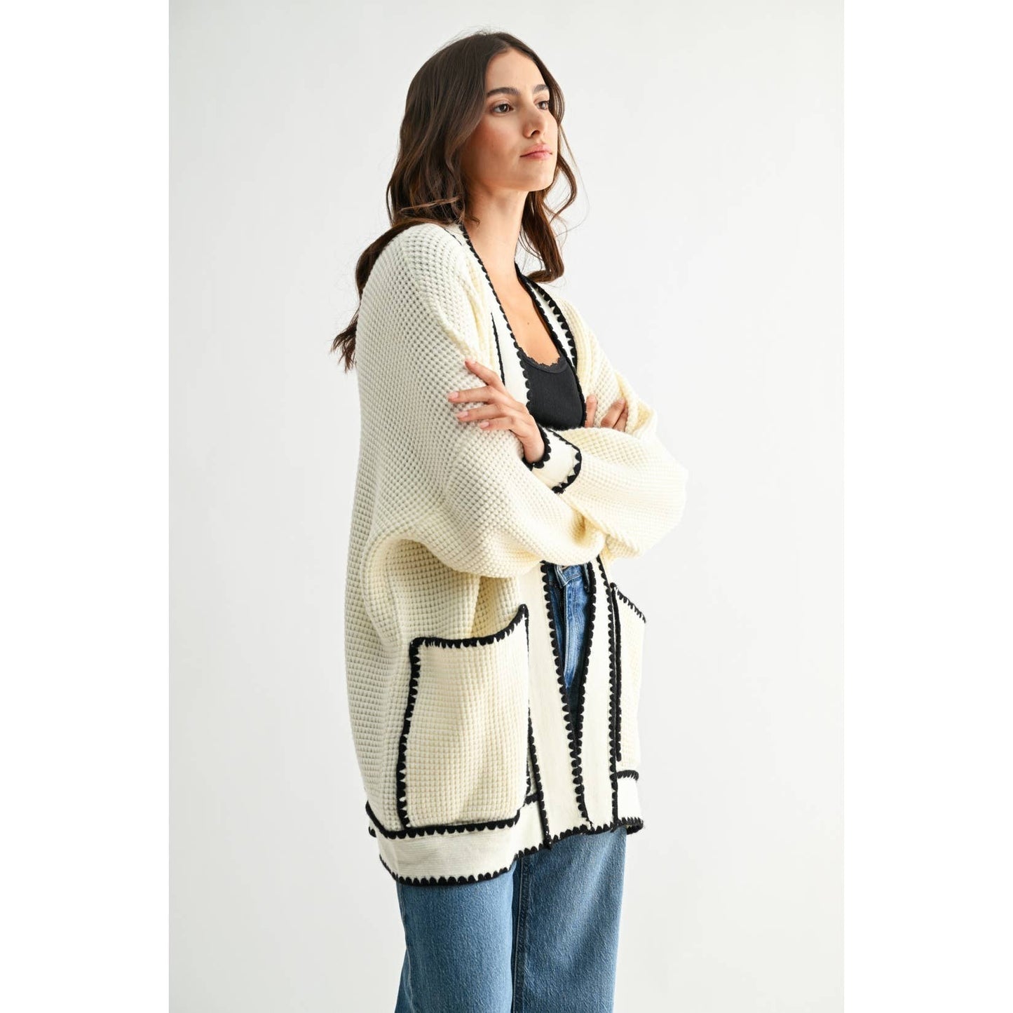 WAFFLE-KNIT CARDIGAN WITH CONTRASTING TRIM