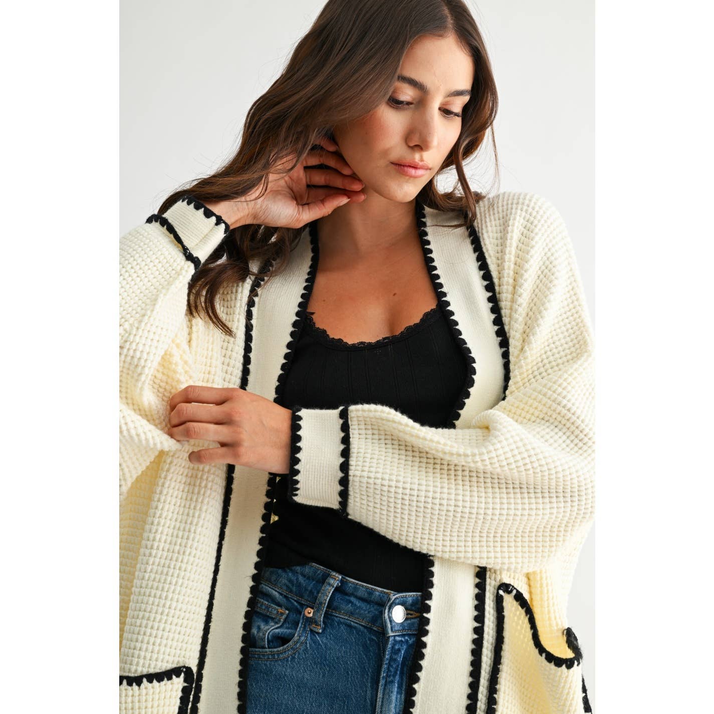 WAFFLE-KNIT CARDIGAN WITH CONTRASTING TRIM