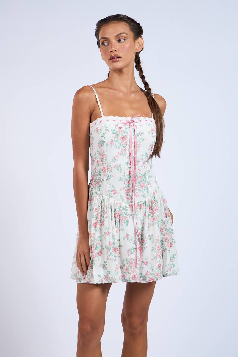 FLORAL LACE TRIM FIT&FLARE CORSET MINI DRESS FLORAL LACE TRIM FIT&FLARE CORSET MINI DRESS