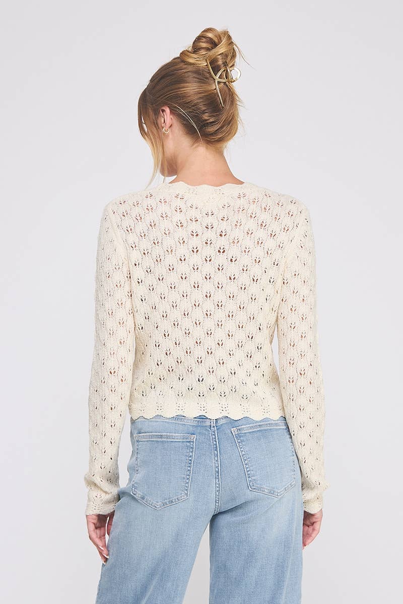 Pointelle tie cardigan with scallop edge