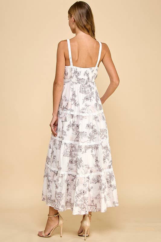 Pink Toile Print Eyelet Lace Insert Midi Dress