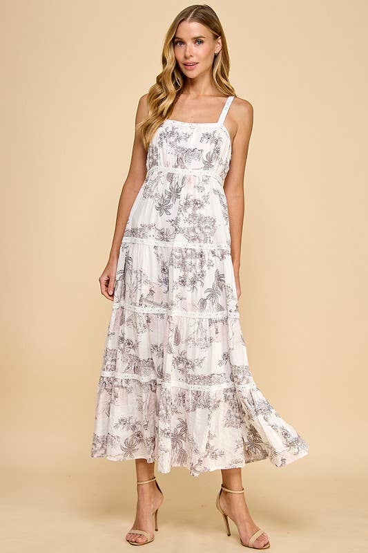 Pink Toile Print Eyelet Lace Insert Midi Dress