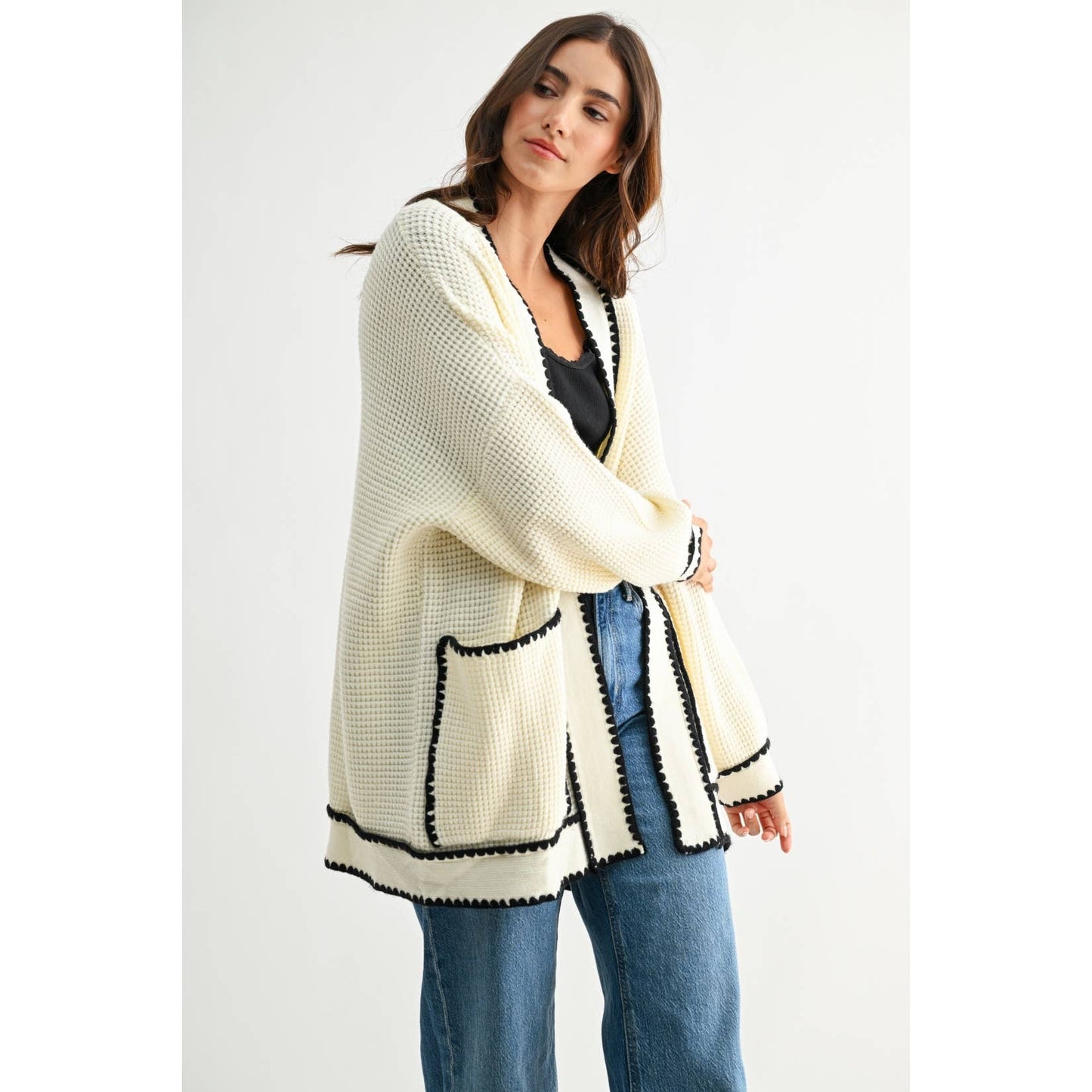WAFFLE-KNIT CARDIGAN WITH CONTRASTING TRIM