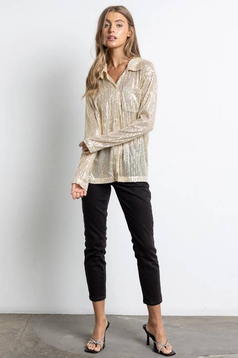 Sequined Button Down Long Sleeve Mesh Blouse Shirt