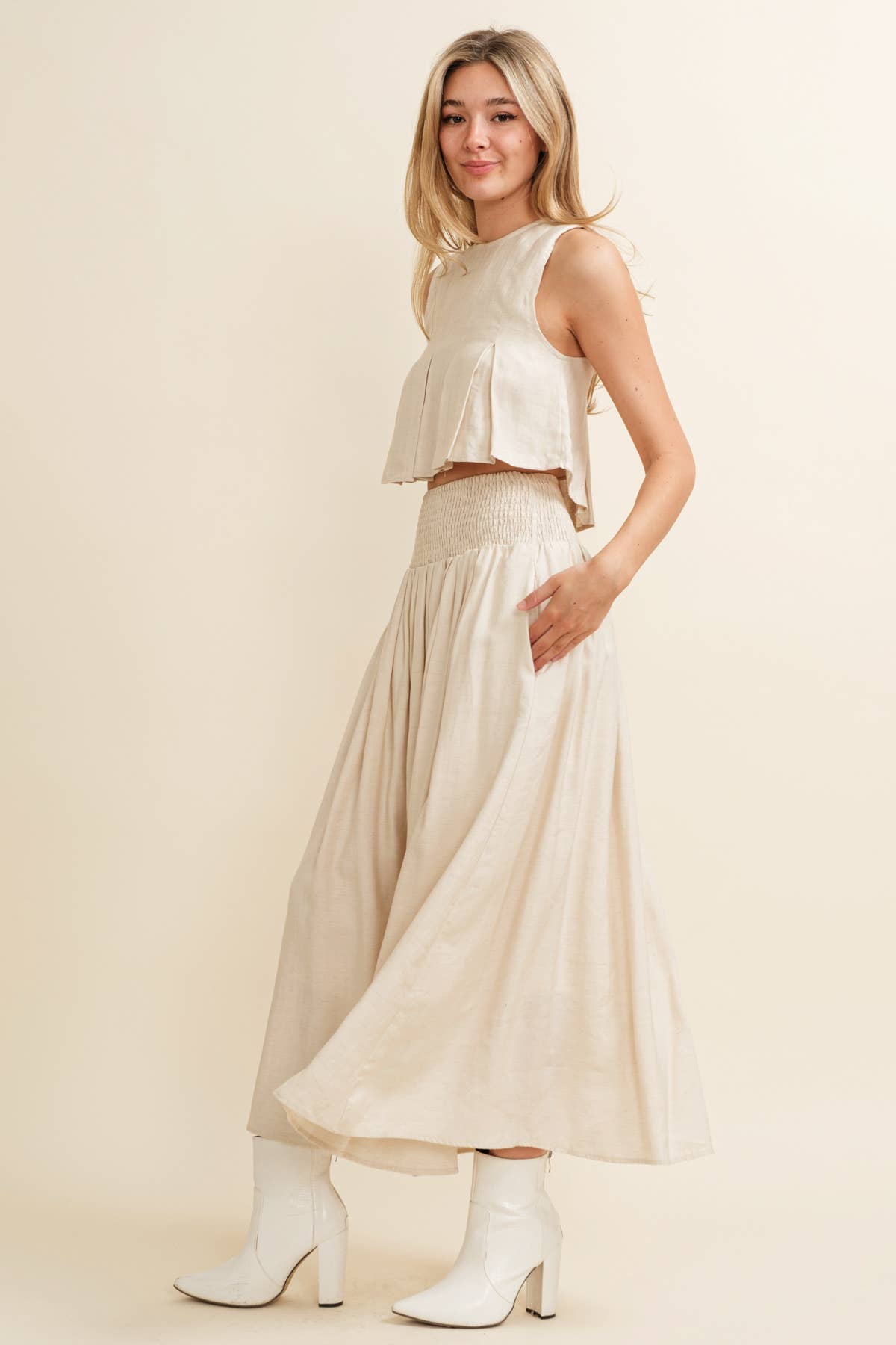 SMOCKED MIDI SKIRT