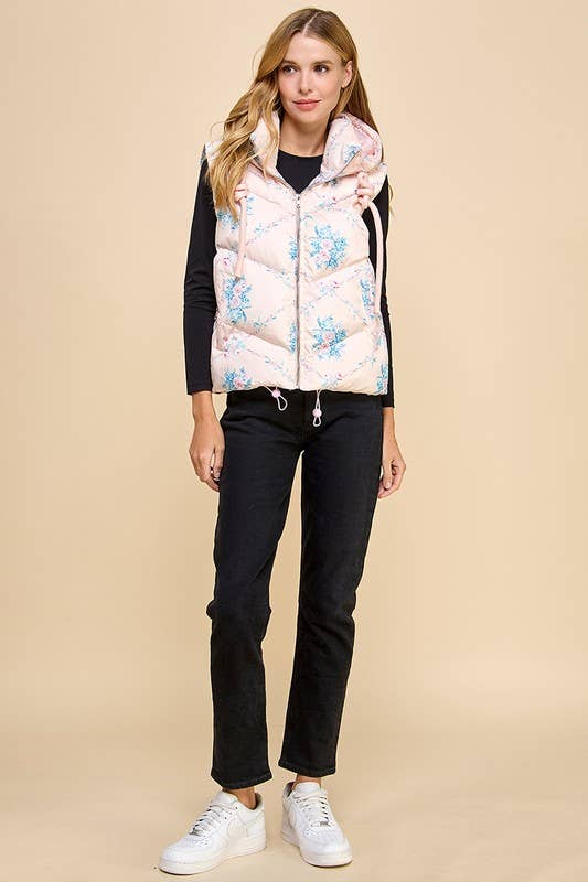 Floral Printed Vest With Hoodie