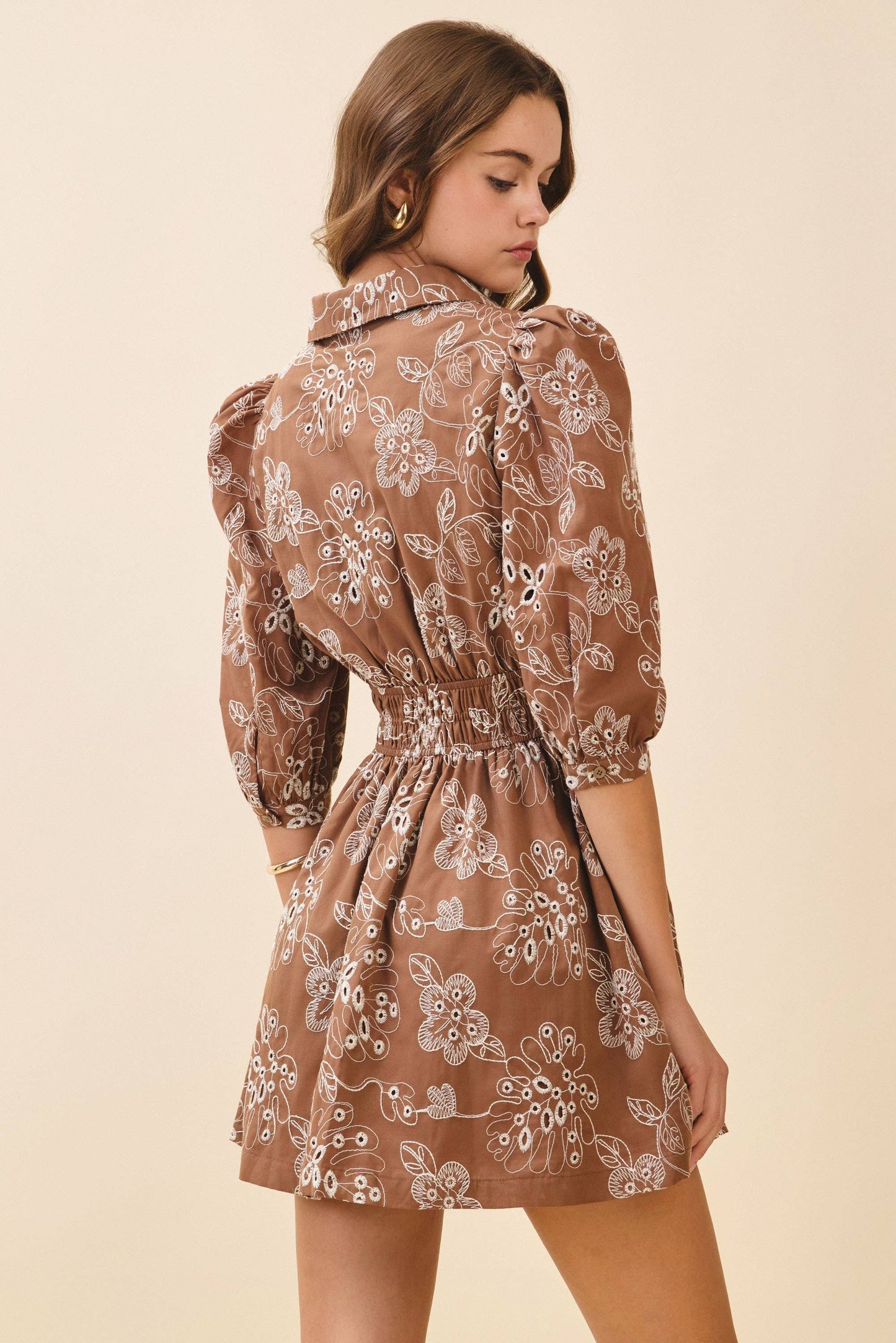 CD06298-Floral Print Collared Neck Elastic Waist Dress