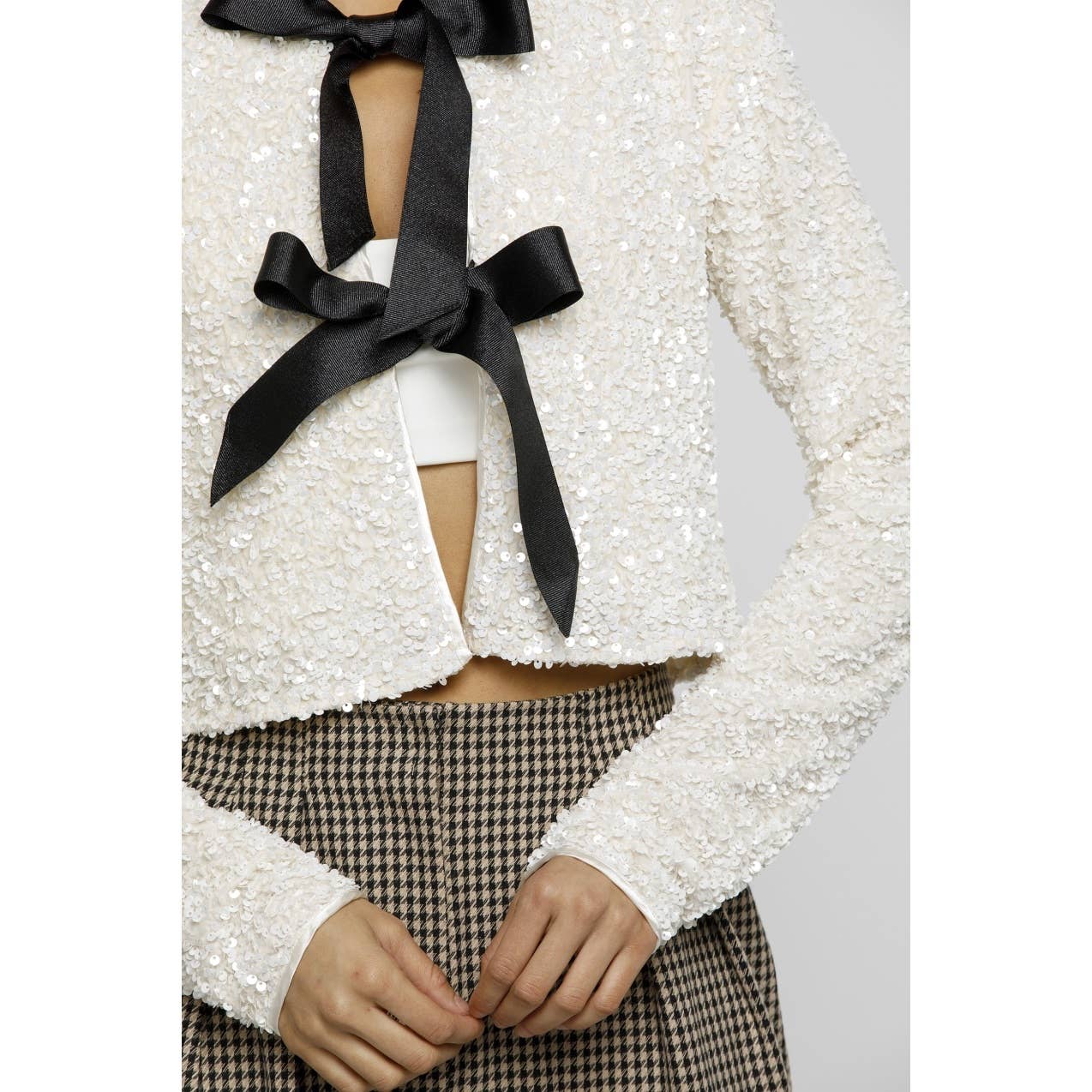 SOLID SEQUIN BLACK RIBBON BOW JACKET