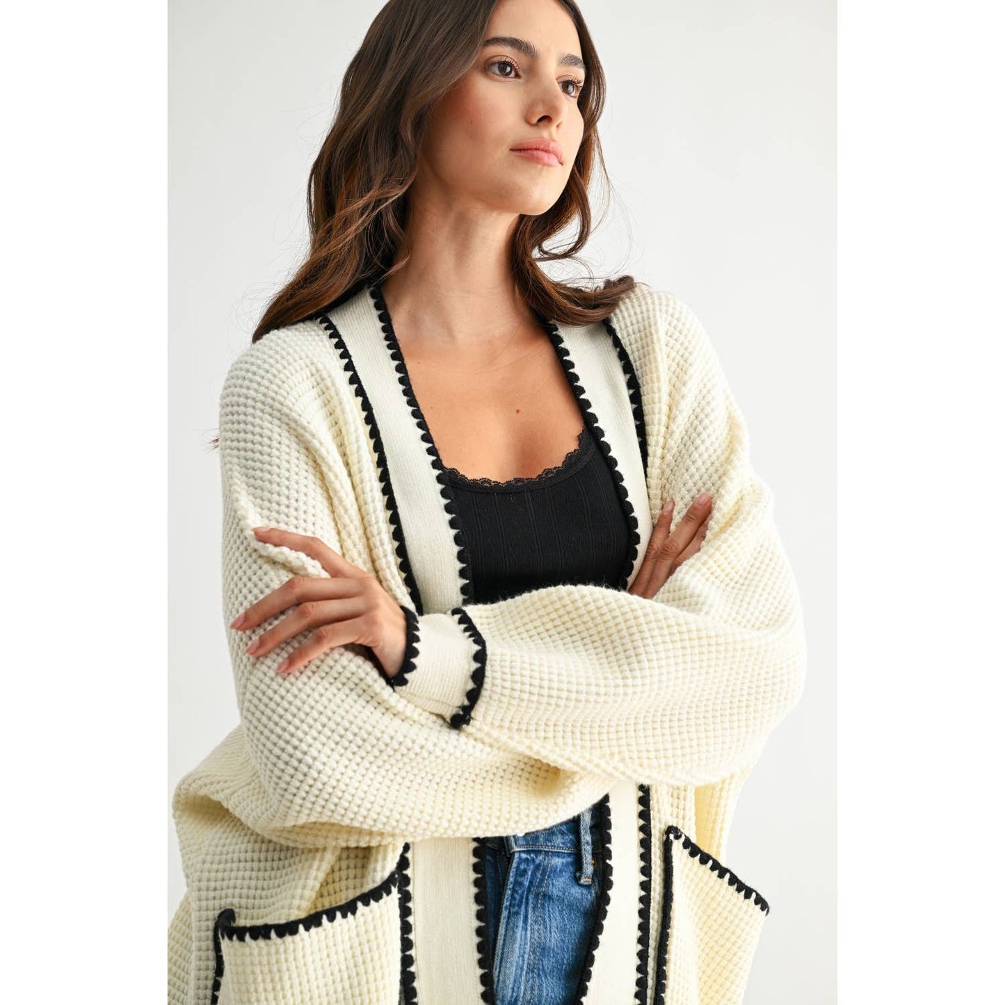 WAFFLE-KNIT CARDIGAN WITH CONTRASTING TRIM