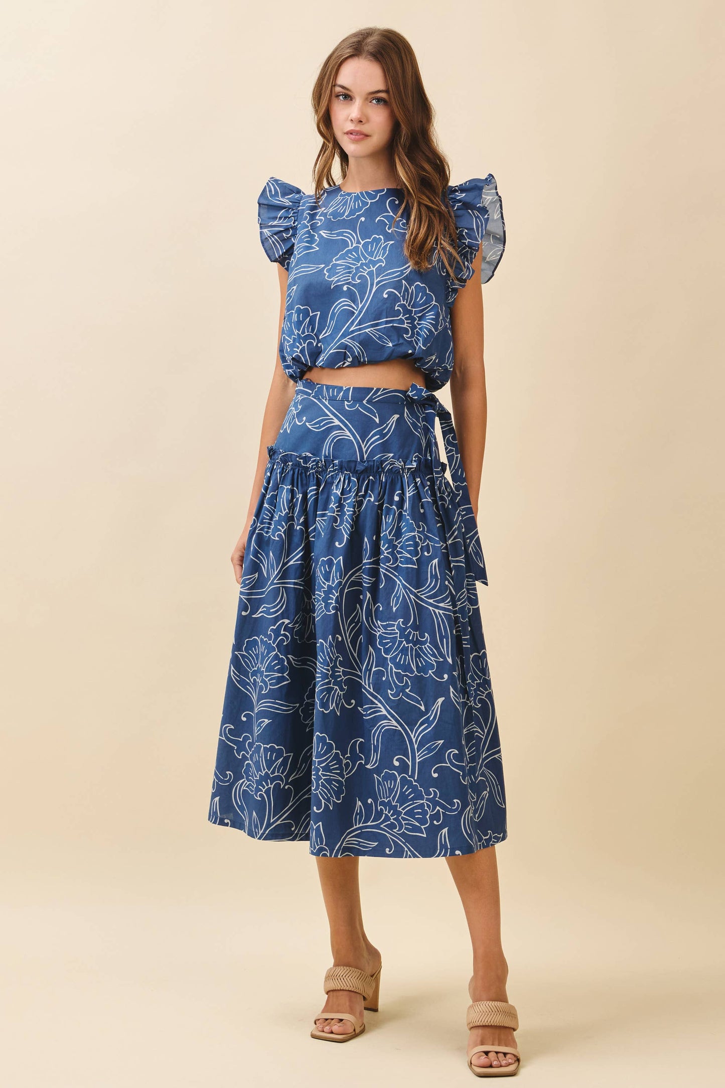 Floral Print Layered Ruffle Sleeves Crop Top