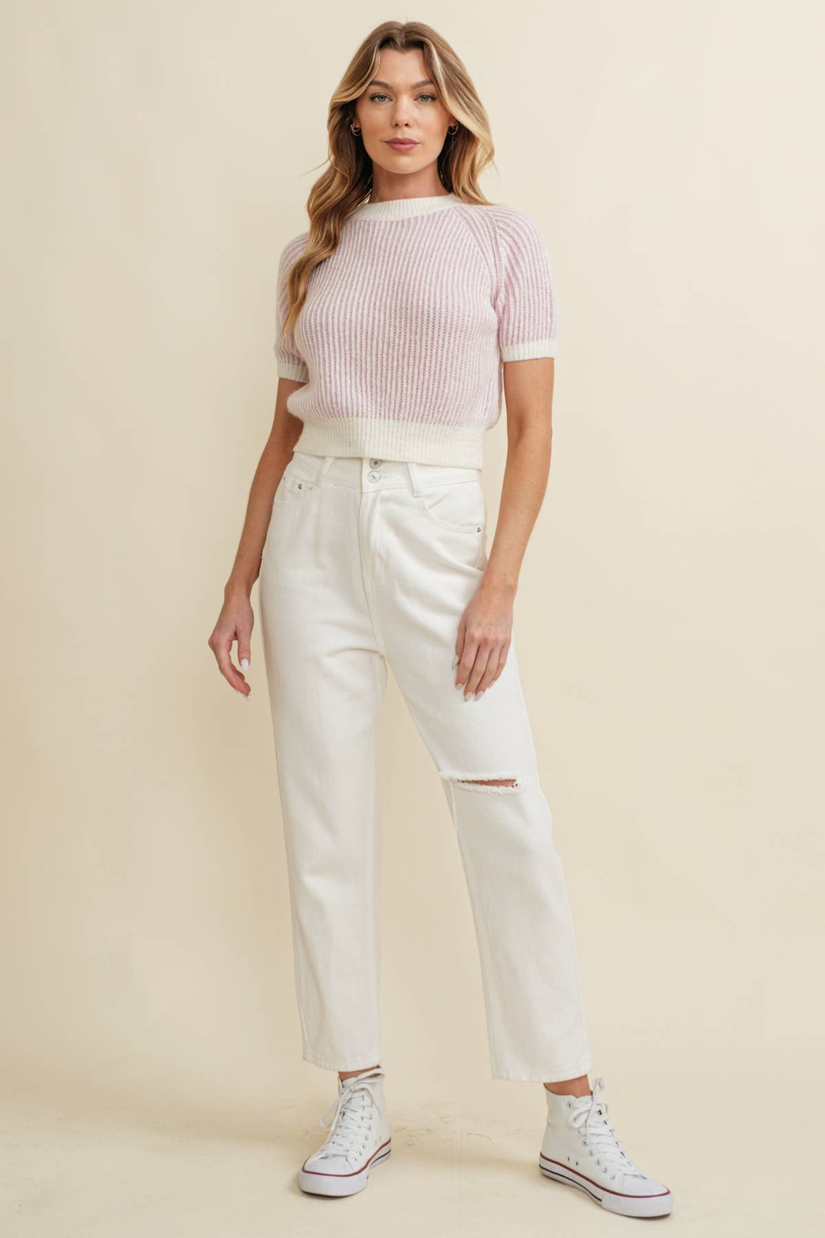 RIBBED SHORT SLEEVE SWEATER