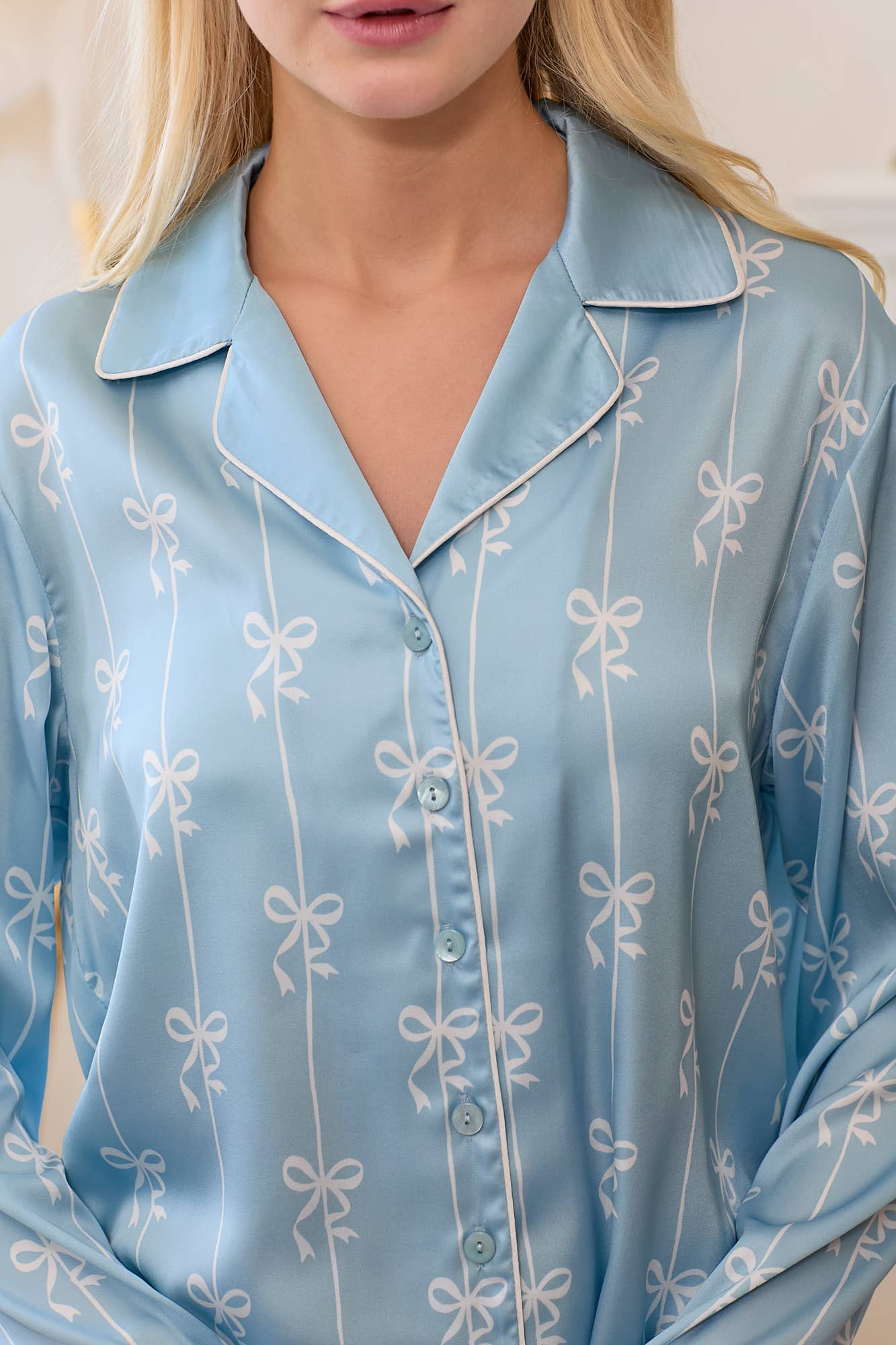 Satin Pajama Top With Lace Sleeve Detail