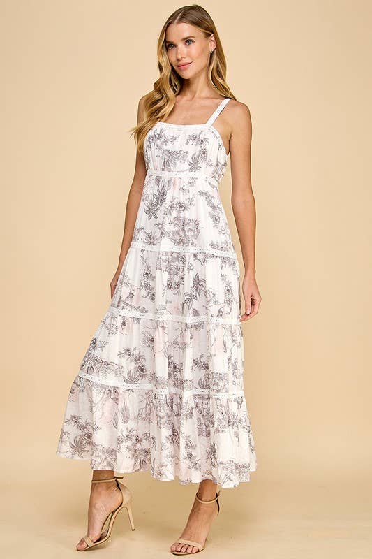 Pink Toile Print Eyelet Lace Insert Midi Dress
