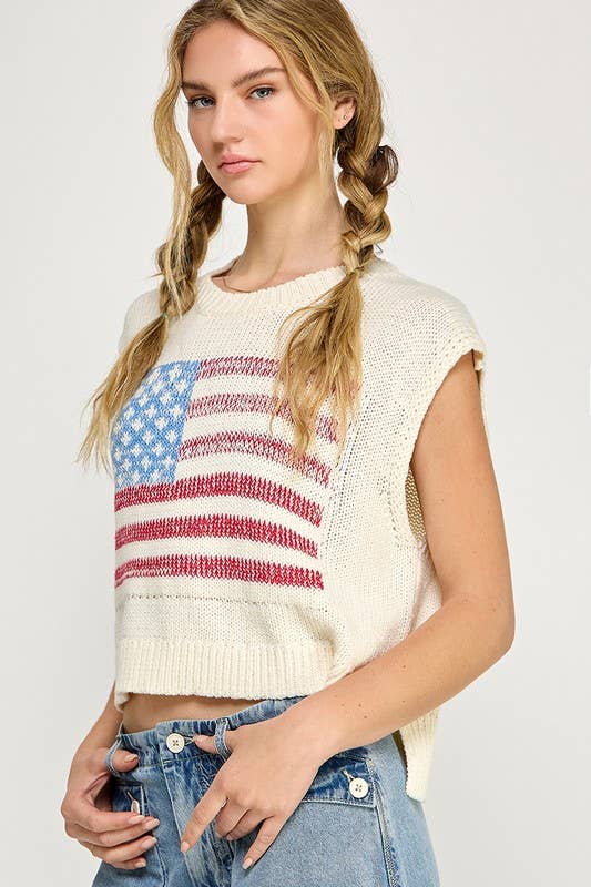 KNIT PULLOVER SWEATER VEST WITH AMERICAN FLAG