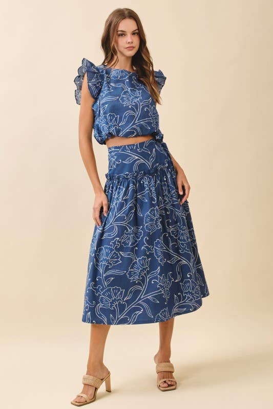 Floral Print A Line Side Tie Wrap Midi Skirt