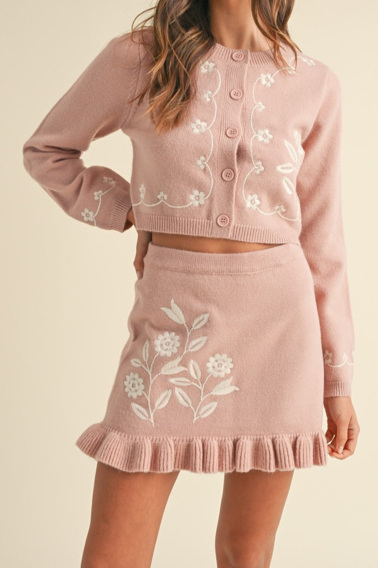 Floral Embroidered Crop Cardigan and Ruffled Mini Skirt Set