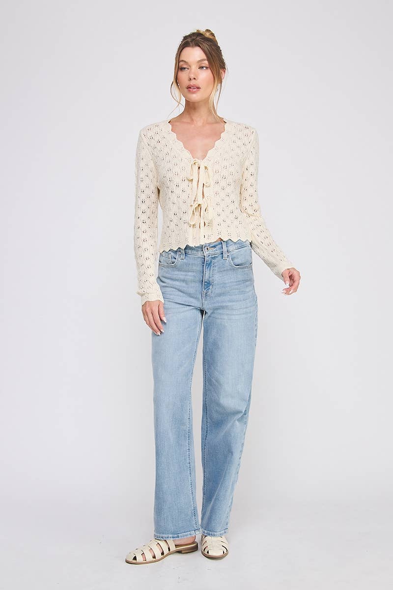 Pointelle tie cardigan with scallop edge