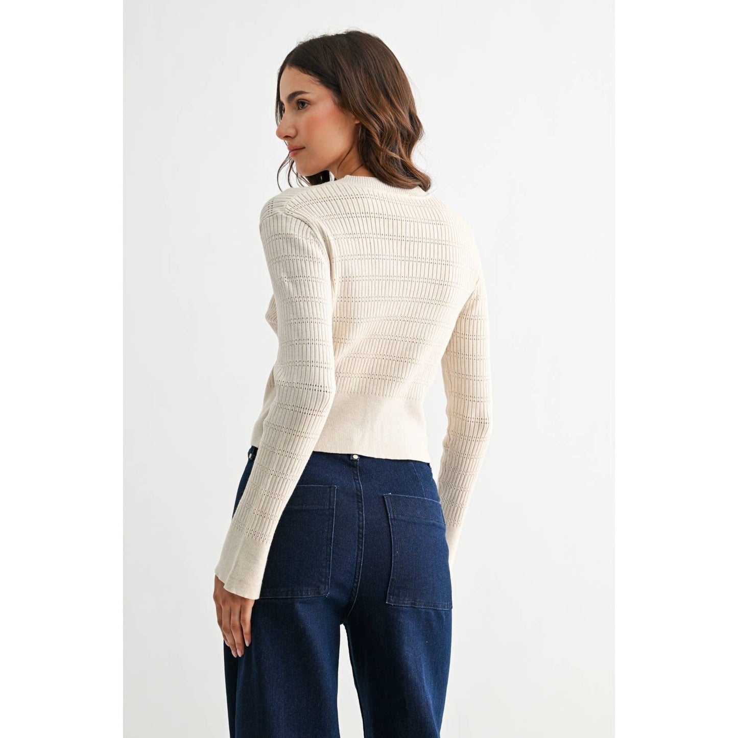 IVORY RIBBED CARDIGAN WITH METALLIC ACCENTS