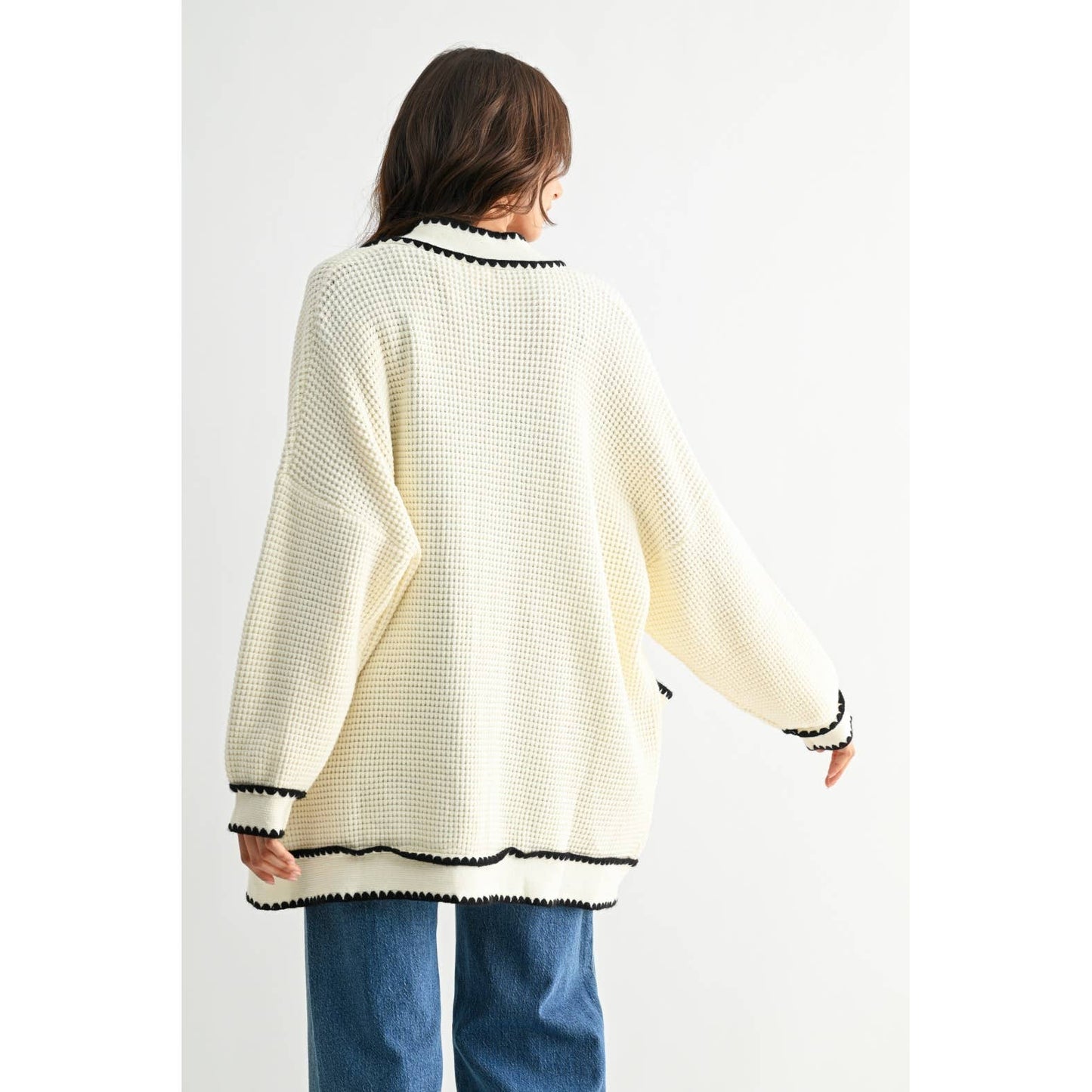 WAFFLE-KNIT CARDIGAN WITH CONTRASTING TRIM