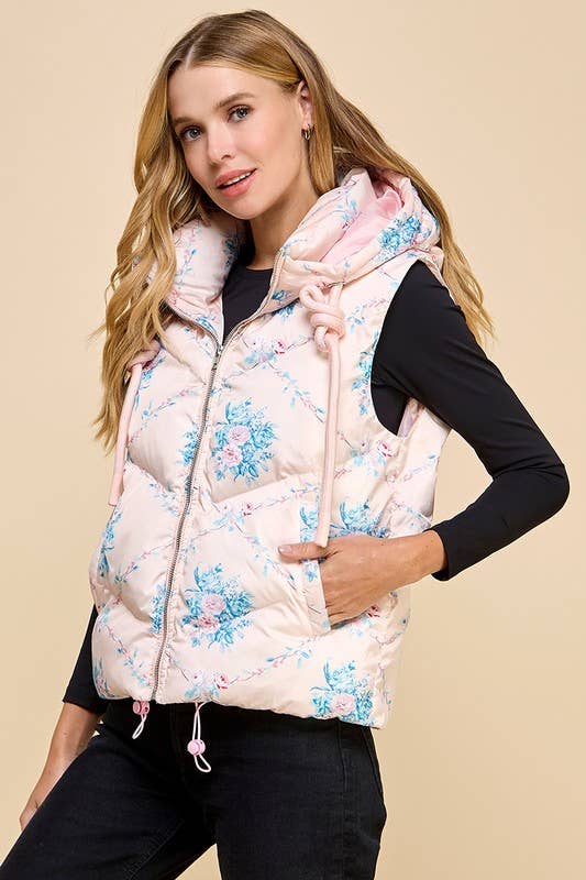 Floral Printed Vest With Hoodie