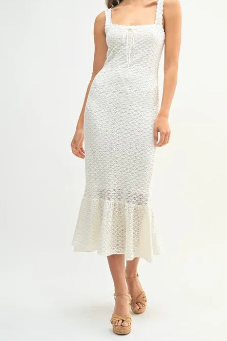 MABLE Ruffled Hem Sleeveless Crochet Knit Midi Dress