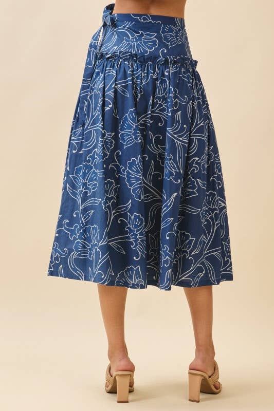 Floral Print A Line Side Tie Wrap Midi Skirt