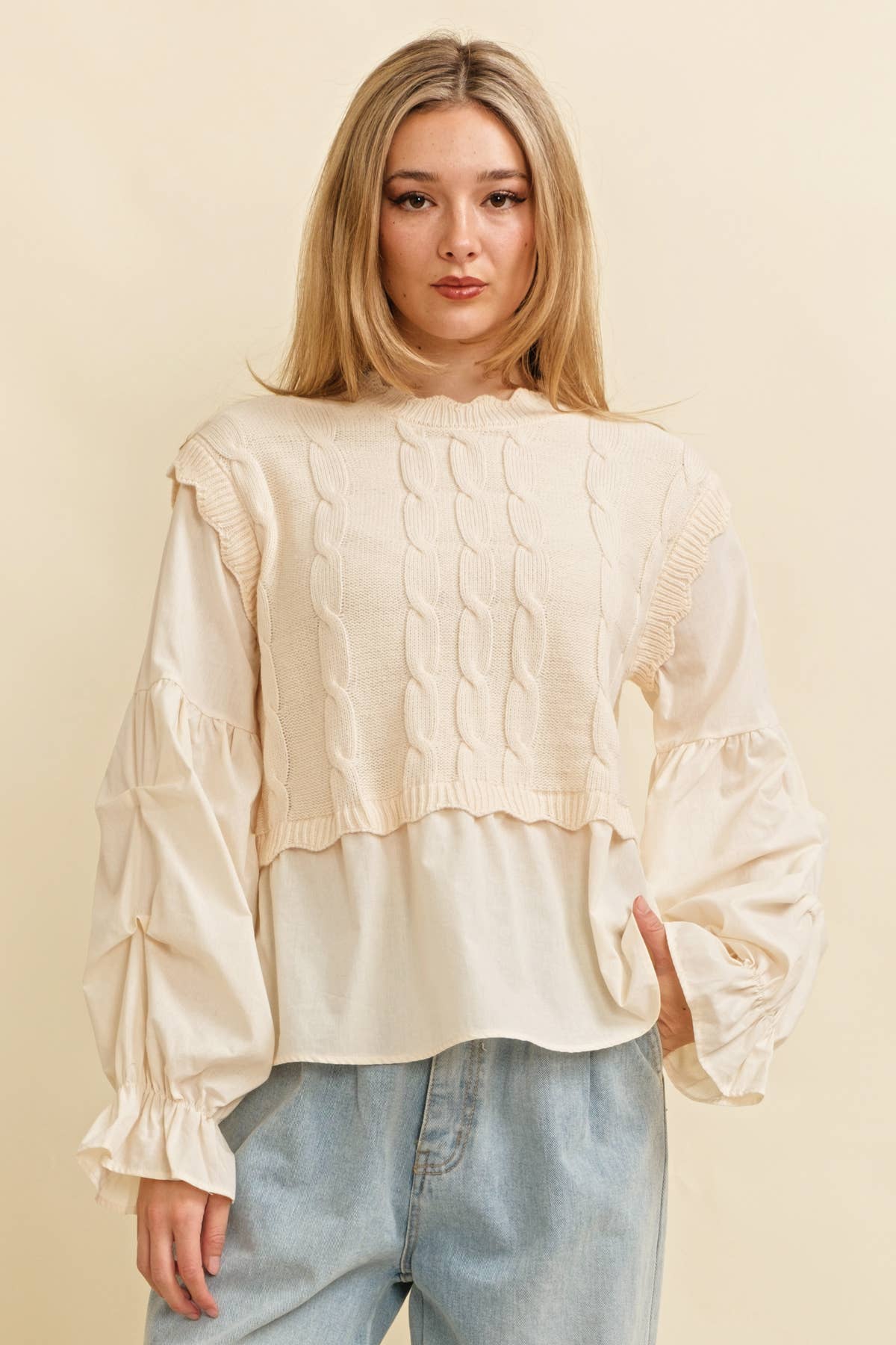 CSW13555 - CABLE KNIT LAYERED TOP