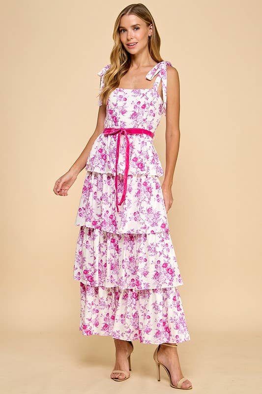Floral Print Tiered Adjustable Straps Midi Dress