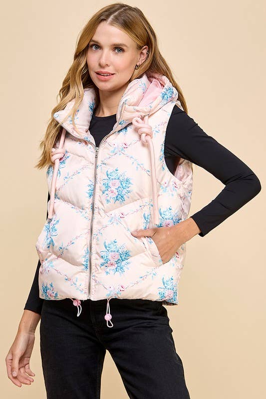 Floral Printed Vest With Hoodie