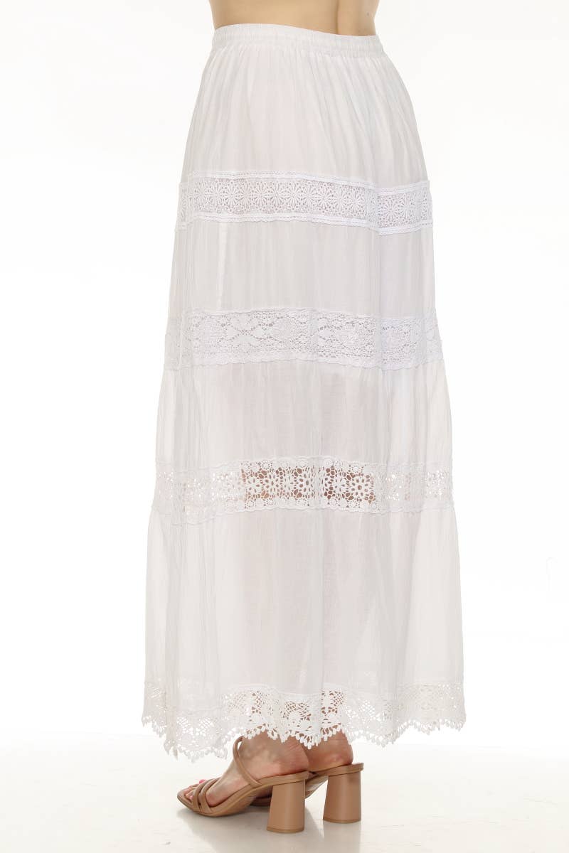 Women's 100% Cotton White Skirt Embroidery and Lace Detailed