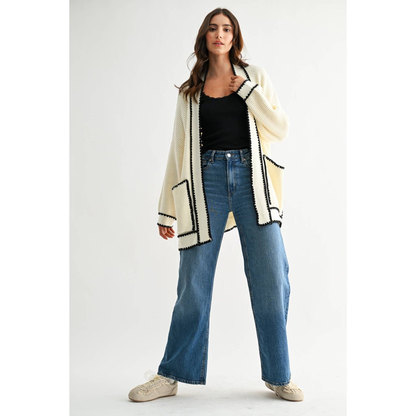 WAFFLE-KNIT CARDIGAN WITH CONTRASTING TRIM