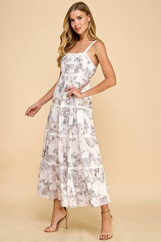 Pink Toile Print Eyelet Lace Insert Midi Dress