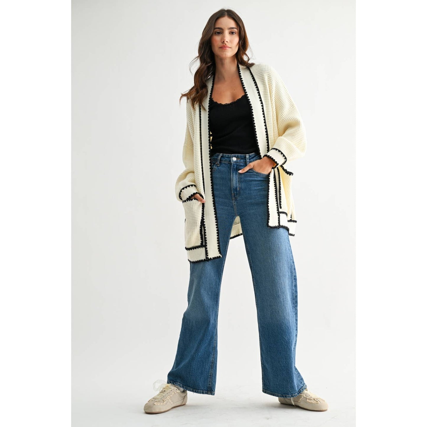 WAFFLE-KNIT CARDIGAN WITH CONTRASTING TRIM