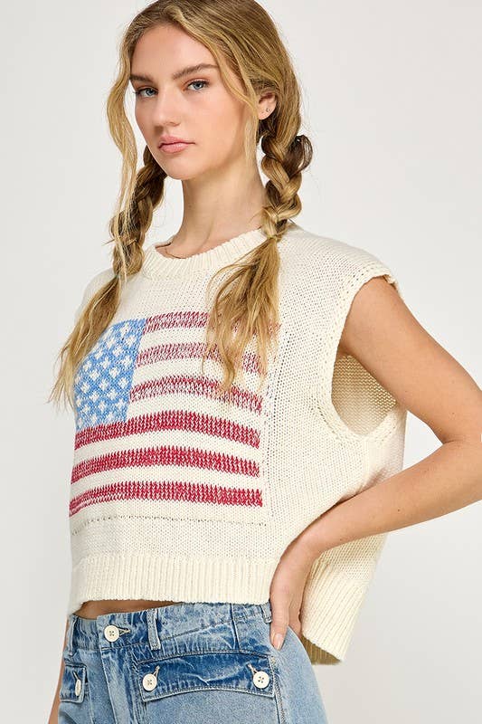 KNIT PULLOVER SWEATER VEST WITH AMERICAN FLAG