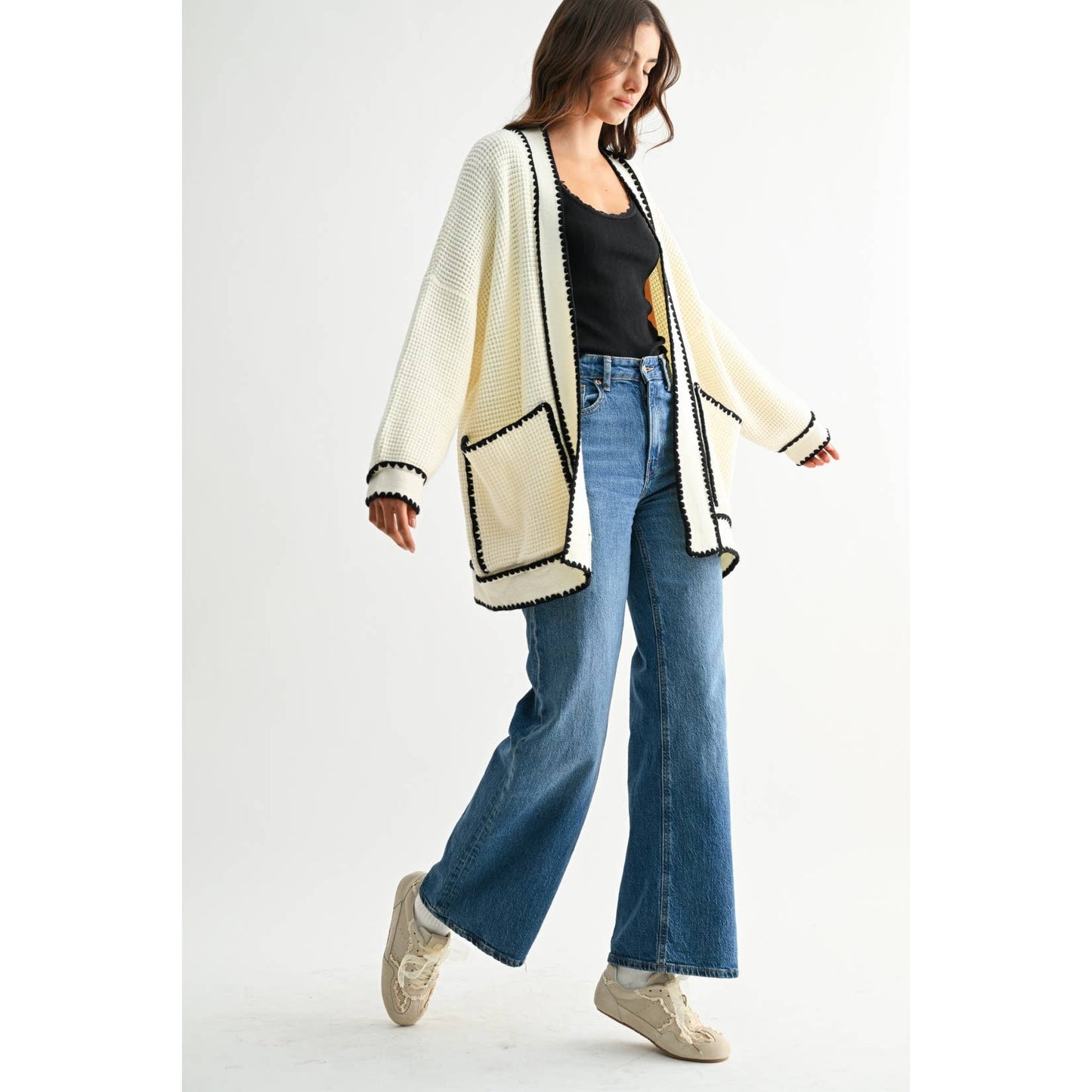 WAFFLE-KNIT CARDIGAN WITH CONTRASTING TRIM
