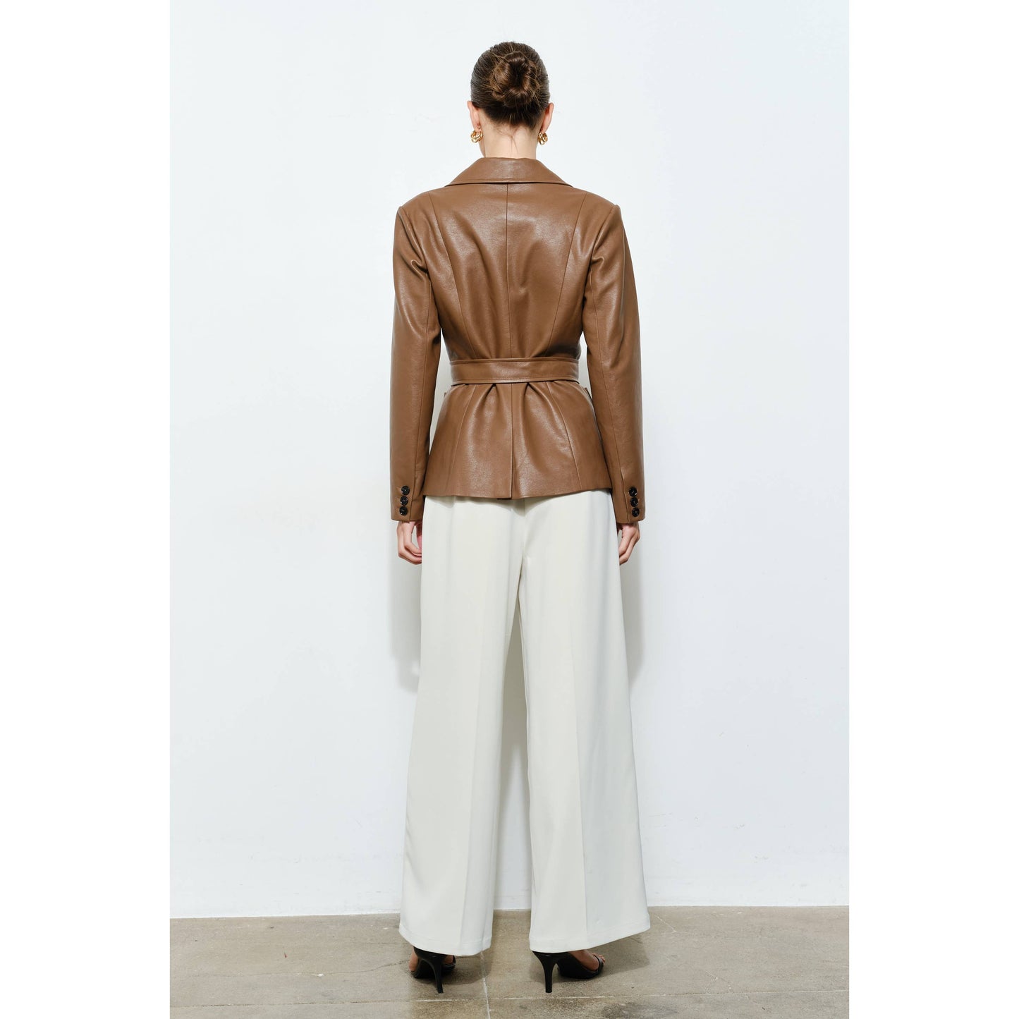 Faux Leather Single-Breasted Belted Blazer Jacket
