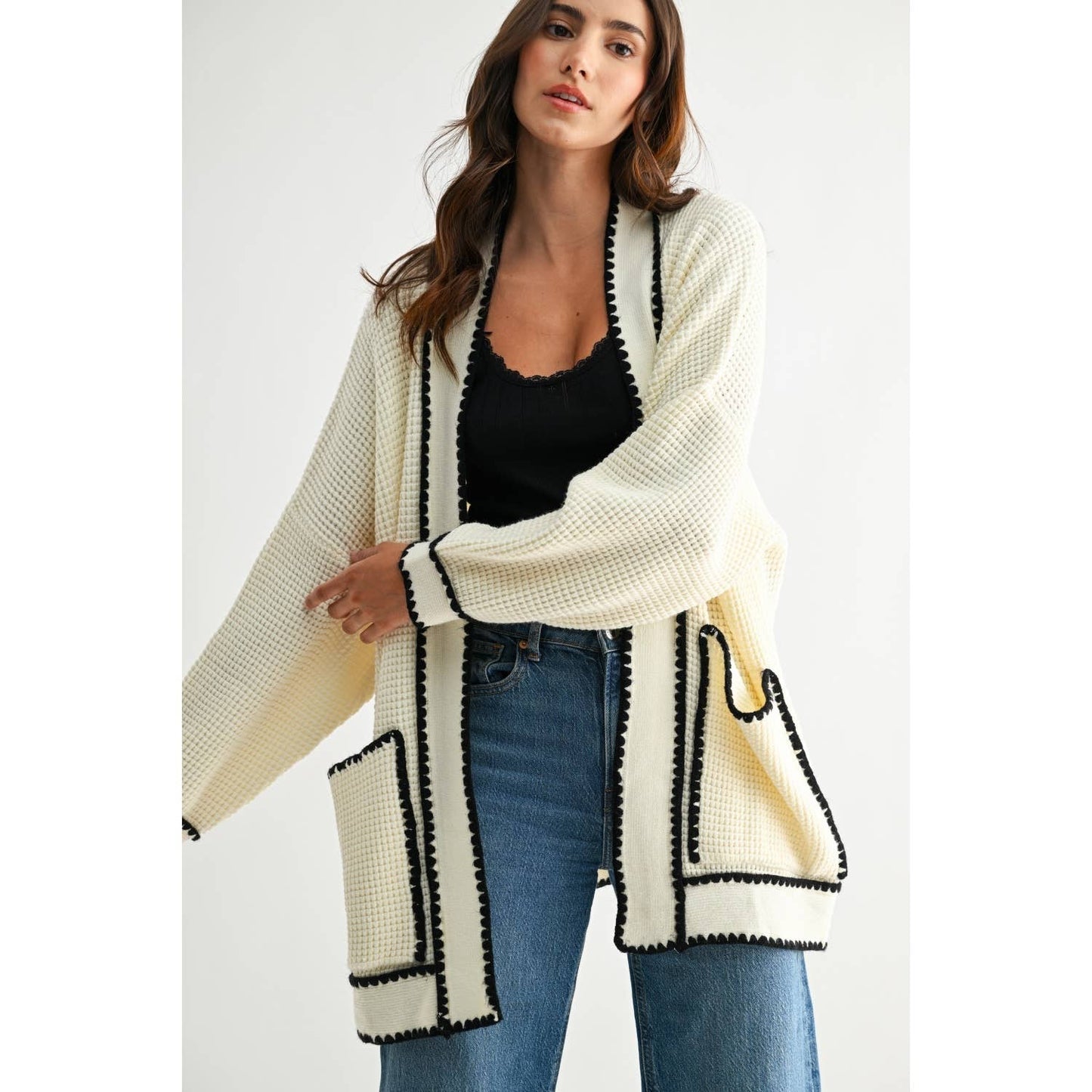 WAFFLE-KNIT CARDIGAN WITH CONTRASTING TRIM
